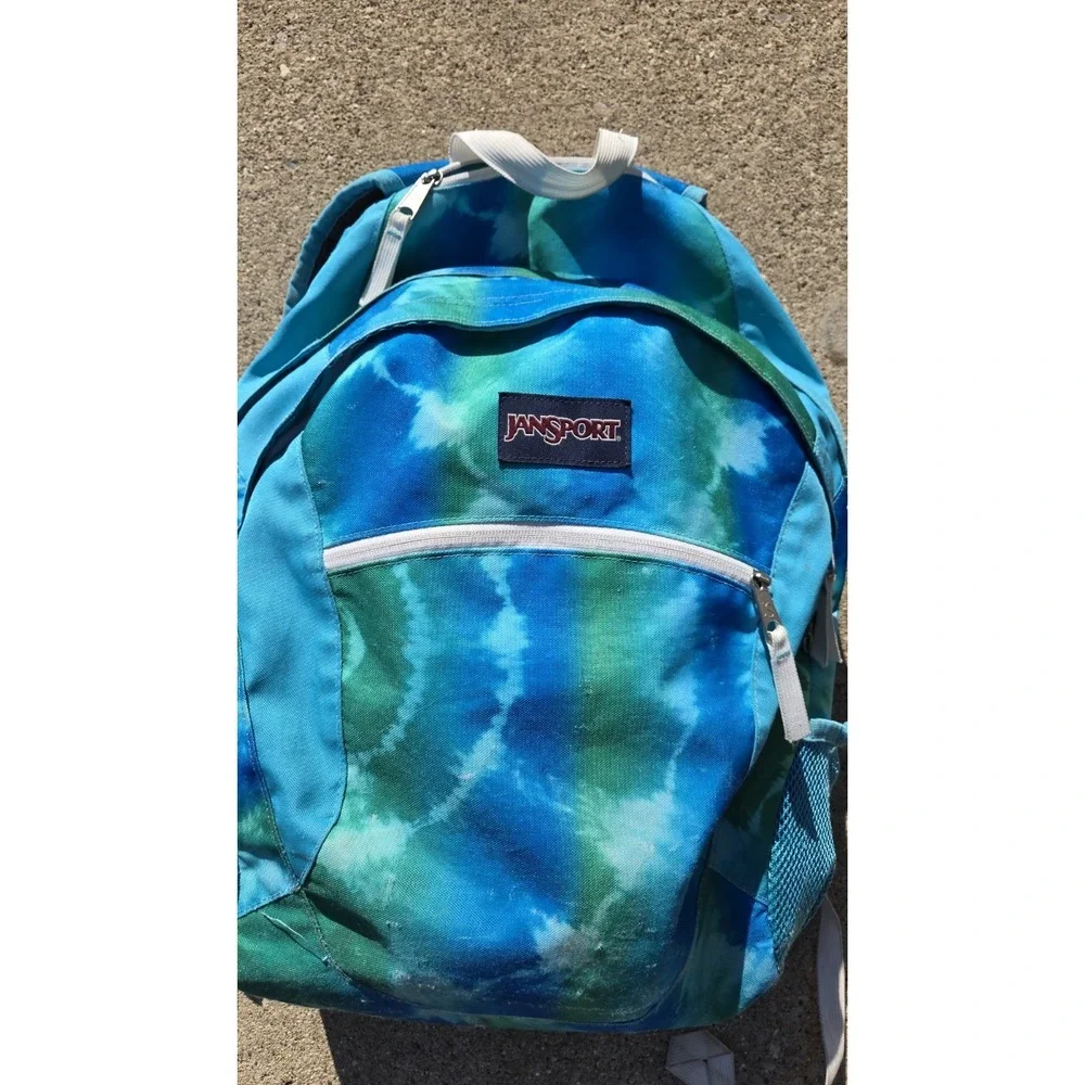 Vintage Jansport Tie Dye Backpack Blue Green Rare White Trim Y2K School Bag